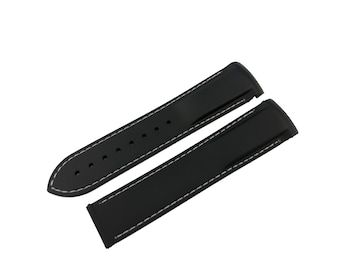 Pulseira de borracha e silicone preta com costura branca de 20 mm e 22 mm, adequada para a maioria dos relógios, fecho/fivela de implantação + pinos e ferramenta
