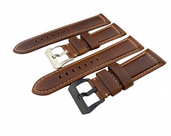 Bracelet en cuir véritable marron foncé avec boucle argentée/noire pour la plupart des montres 24 ou 26 mm + outil/épingles