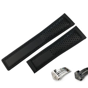 Schwarzes Echtleder 22 mm Strap Band passt auf die meisten Uhren Faltschließe (schwarz oder silber) + Pins und Werkzeug