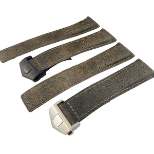 Bracelet vintage en cuir véritable marron foncé de 22 mm adapté à la plupart des montres à boucle déployante/boucle (noir ou argent) + épingles et outil