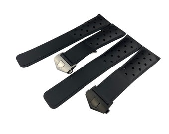 Pulseira de silicone emborrachado preta de 22 mm, compatível com a maioria dos relógios. Fecho de implantação prateado/preto, pinos e ferramenta para instalação inclusos.
