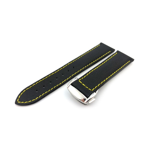 Black with Yellow Stitching Nylon Leather 19mm 20mm 22mm Strap Band fits most watches deployment clasp/buckle any colour + pins and tool