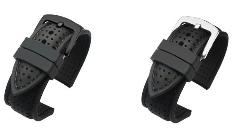 Peut inclure: Deux bracelets de montre noirs avec un design perfor&eacute; et une boucle argent&eacute;e. Les bracelets ont une finition textur&eacute;e, semblable au caoutchouc.