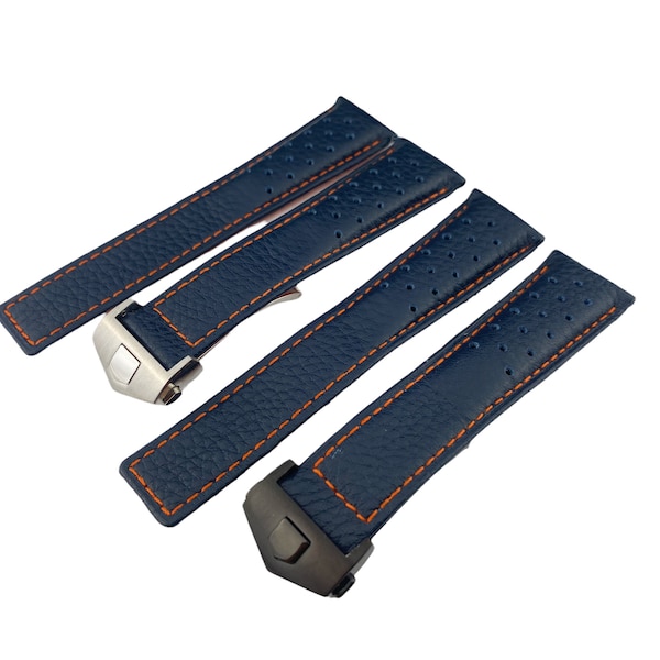 Navy-Orange stitching Genuine Leather 22mm Strap Band fits most watches deployment clasp/buckle (black or silver) + pins and tool