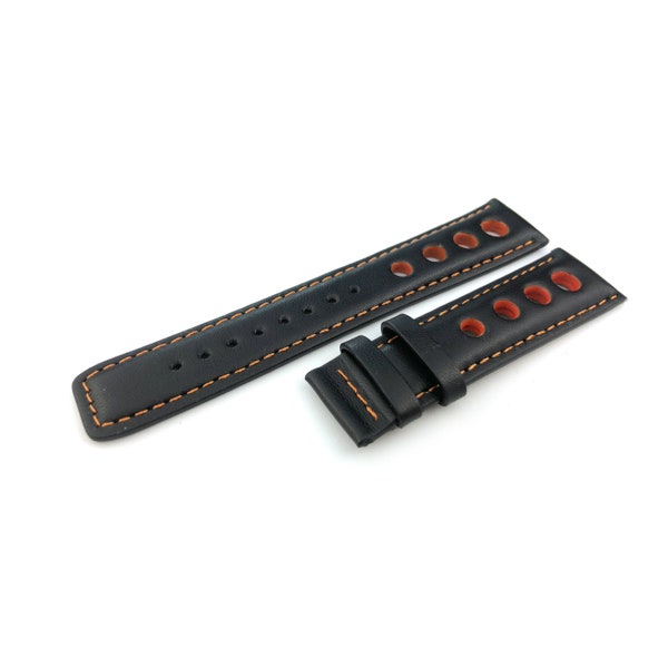 20mm Black with Orange Stitching Sport Genuine Leather Strap Band fits most watches deployment clasp/buckle + pins and tool