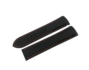 Pulseira de borracha e silicone preta com costura laranja de 20 mm e 22 mm, adequada para a maioria dos relógios, fecho/fivela de implantação + pinos e ferramenta