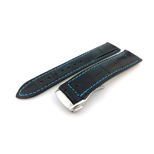 Bracelet en cuir véritable noir-bleu avec coutures 19 mm 20 mm 22 mm Convient à la plupart des montres avec boucle déployante/boucle + épingles et outil