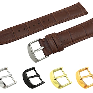 Correa de piel auténtica marrón de 18, 19, 20, 21 y 22 mm compatible con la mayoría de relojes con hebilla de pasador en colores plateado, amarillo, rosa y negro + pasadores y herramienta