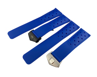 Correa de silicona de caucho azul de 22 mm que se adapta a la mayoría de los relojes. Cierre desplegable plateado/negro + pasadores y herramienta de bricolaje incluidos.