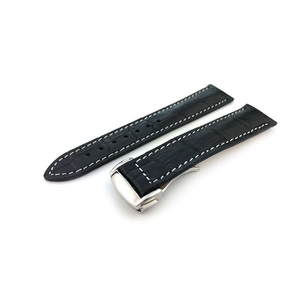 Black-White Stitching Genuine Leather 19mm 20mm 22mm Strap Band fits most watches deployment clasp/buckle + pins and tool