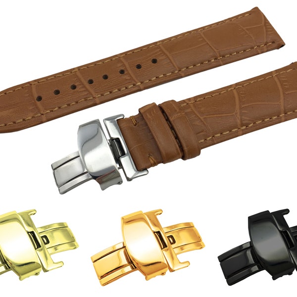 Tan Brown Genuine Leather Strap Band 18 19 20 21 22mm compatible with most watches butterfly clasp silver/yellow/rose/black colours + Pins