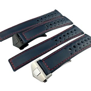 Navy Dark Blue with Red Stitching Sport Genuine Leather 22mm Strap Band fits most watches deployment clasp/buckle (black / silver) pins/tool