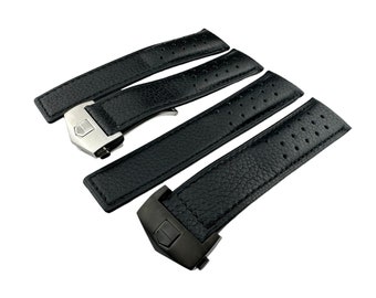 Bracelet en cuir véritable noir de 22 mm adapté à la plupart des montres avec fermoir à boucle déployante (noir ou argent) + épingles et outil