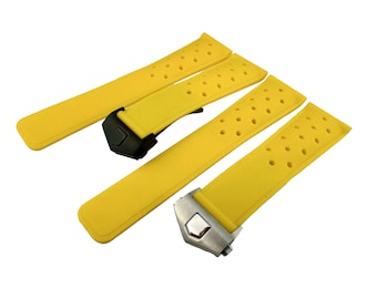 Bracelet en caoutchouc silicone jaune de 22 mm pour la plupart des montres, boucle déployante argentée/noir + épingles et outil de bricolage inclus