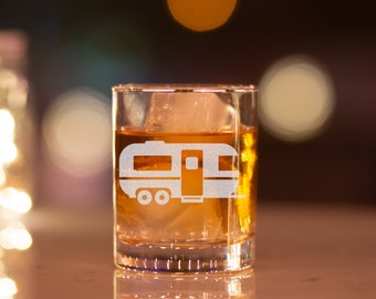 Vintage Airstream Trailer Whiskey Glass | Etched Camper Gift | RV Travel Barware | Camping Lover Gift | Engraved Bourbon Glass