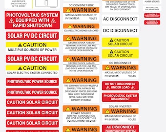 Juego de 57 pegatinas/Paquete de etiquetas solares para sistemas fotovoltaicos/Kit de etiquetas de advertencia para instaladores solares que cumple con NEC/Calcomanías de seguridad resistentes a la intemperie