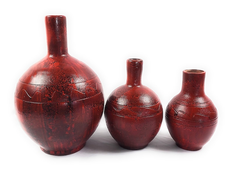 Set of 3 Hand Made and Painted Terracotta Pots