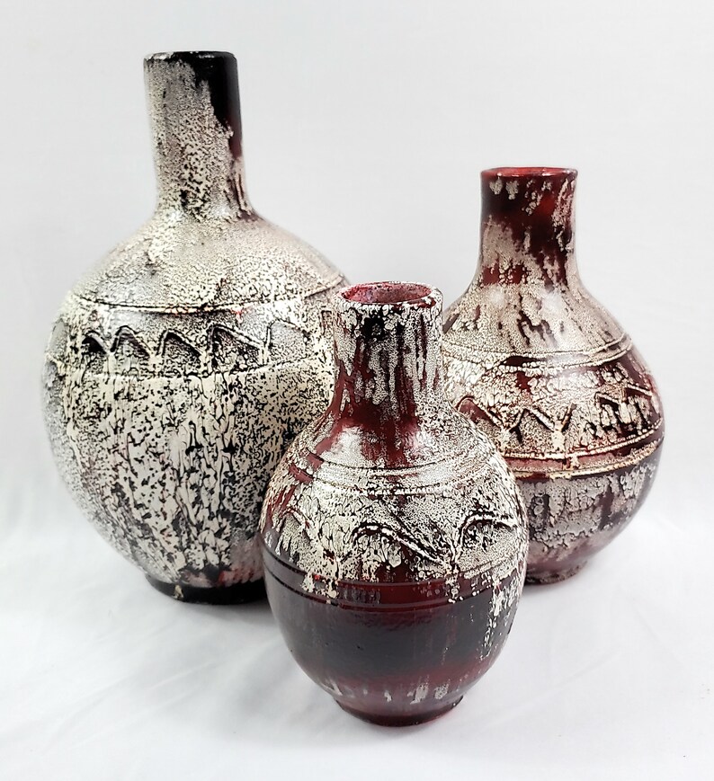 Set of 3 Hand Made and Painted Terracotta Pots