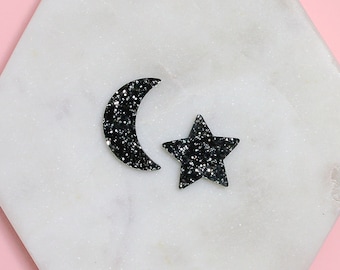 Black Glitter moon and star studs