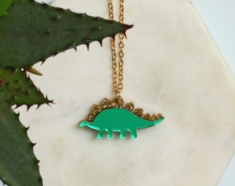 Dinosaur charm necklace | Stegosaurus necklace | Gold glitter and mirrored green dinosaur | Handmade dinosaur necklace | Dinosaur lover gift