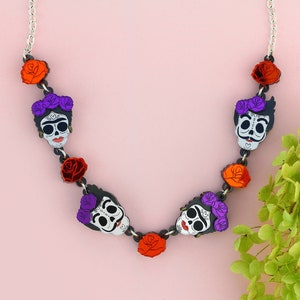 Candy Skull Artists Necklace | Halloween jewellery | Day of the Dead statement necklace | Floral acrylic necklace | Little Moose jewellery