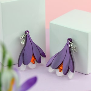 Crocus earrings | Purple perspex earrings | Handmade crocus jewellery | Purple & mother of pearl flower earrings | Jewelry gift for gardener