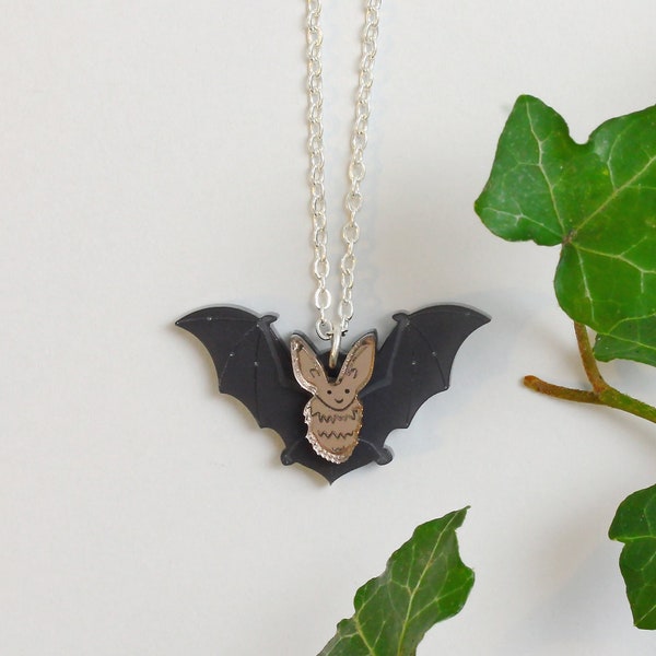 Long-eared bat charm necklace | Lasercut Bat necklace | Acrylic necklace | Halloween necklace | Cute animal charm | Little Moose jewellery