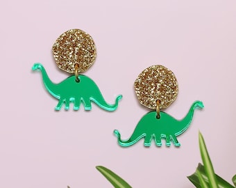 Glitter dinosaur earrings | Dinosaur jewellery | Mirrored green perspex dinosaur earrings | Apatosaurus earrings | Lasercut earrings studs