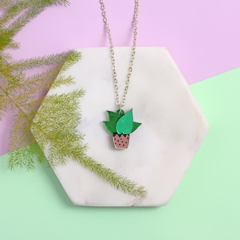 House plant charm necklace Plant lover necklace Perspex necklace Small plant necklace Handmade acrylic necklace Lasercut jewellery image 1