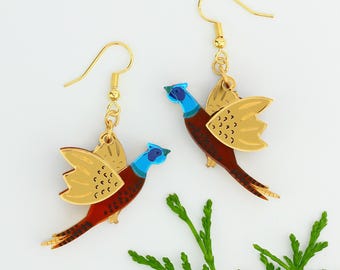 Boucles d'oreilles oiseau faisan | Bijoux faisan |  Bijoux Joli oiseau | Boucles d'oreilles faisan en acrylique | Boucles d'oreilles faites main |  Cadeaux pour les amoureux des oiseaux