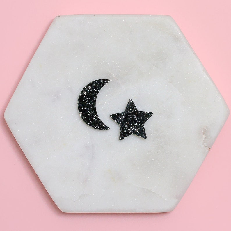 Black Glitter moon and star studs image 1