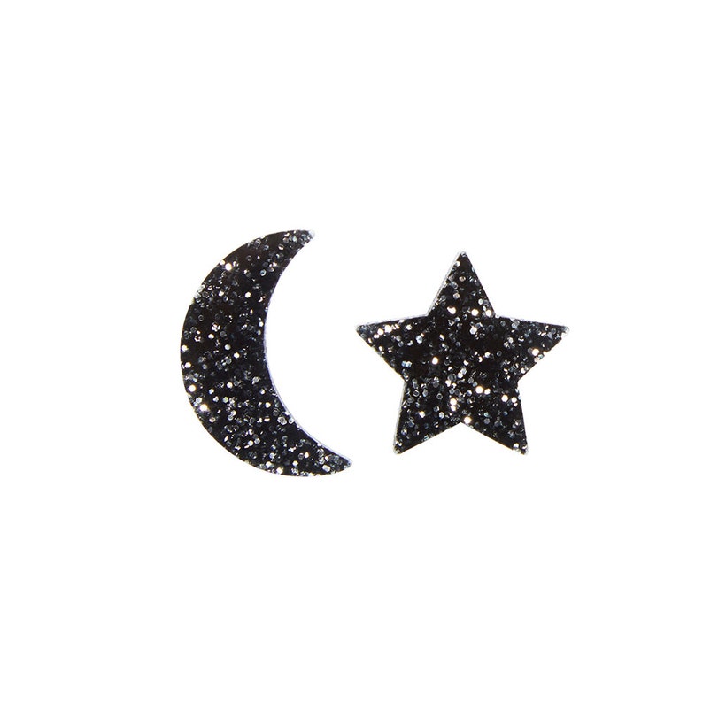 Black Glitter moon and star studs image 2