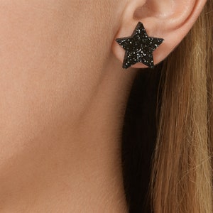 Black Glitter moon and star studs image 3