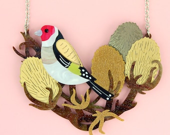 Goldfinch Bird Necklace | British Birds design | Bird Lover Gift | Acrylic Necklace | Perspex Jewellery | Handmade Statement Necklace