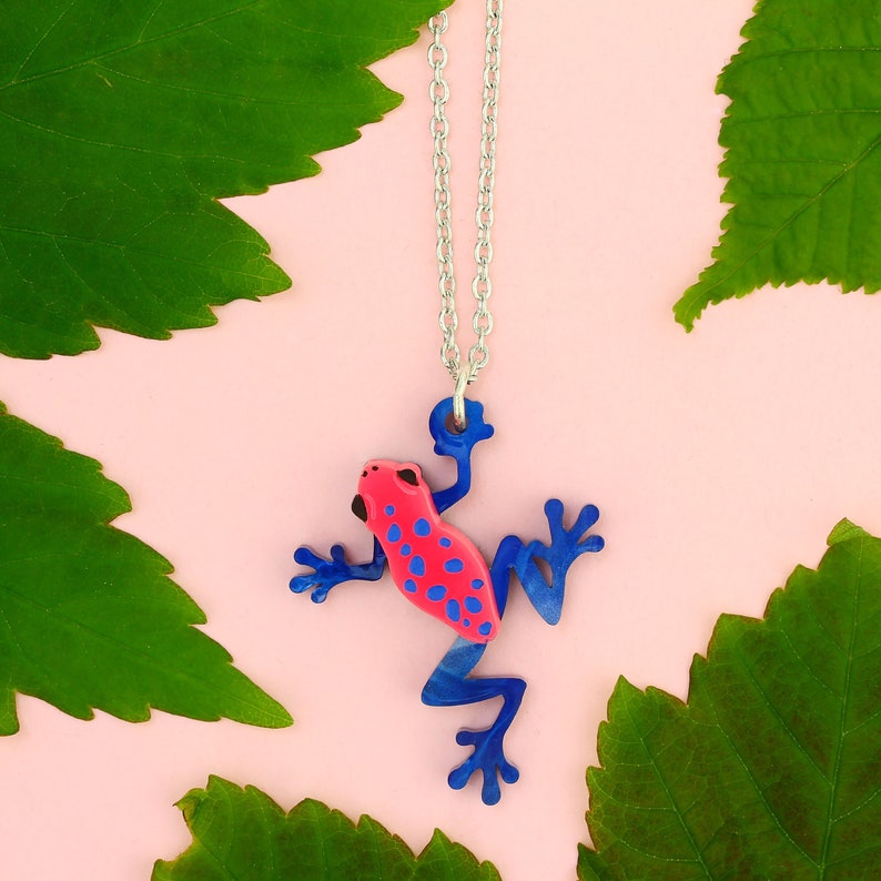 May include: A silver chain necklace with a pink and blue frog pendant. The frog has black eyes and blue legs. The pendant is hanging against a pink background with green leaves.