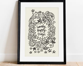 May include: Black and white framed print with a doodle design featuring stars, clouds, hearts, and the text "Lovely Happy Days".