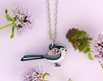 Schwanzmeise Charm Halskette | Vogel Halskette | Niedliche Vogel Charm Halskette | Acryl Vogel Halskette | Acrylschmuck | Vogel Liebhaber Geschenk