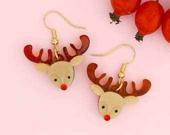 Reindeer Christmas earrings | Christmas earrings | Christmas accessories | Rudolf jewellery | Little Moose jewellery | Acrylic earrings