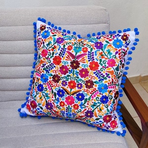 Mexican Pillow cover with embroidered flowers colorful sofa cushions cover perfect for decorating spaces with Mexican style and boho style.