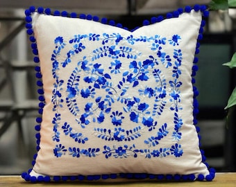 Floral Mexican Cushion Cover | Hand Embroidery | Boho Home Decor | Blue Throw Pillow | Blue Embroidered Mexican Pillow Cover | Summer Decor