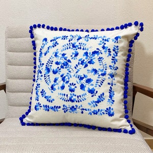 Mexican Pillow cover with hand embroidered Mexican blue flower embroidery perfect for spring summer decoration 2024