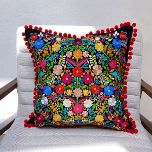 Mexican Pillow cover with embroidered flowers colorful sofa cushions cover perfect for decorating spaces with Mexican style and boho style.