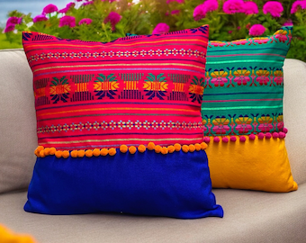 Mexican Pillow Cover Boho Cushion Cambaya Fabric Handmade Textile Mexican Decor Colorful Accent Sofa Pillow Pink Blue Pompom Throw Folk