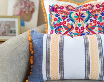 Mexican Lumbar Pillow Handwoven Cotton Cover Boho Pompom Cushion Decorative Beach Textile Traditional Pedal Loom Woven Decor Colorful Accent