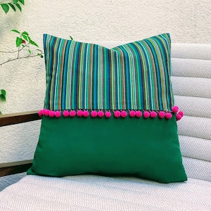 Mexican green cushion with colorful Mexican cambaya fabric
