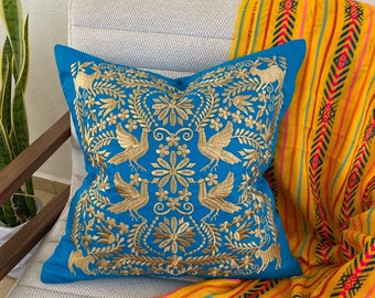 Mexican Throw Pillow Floral Embroidered Pillow Mexico Style Decor Cushion Throw Pillow Embroidered Blue Floral Pillow Cover Otomi