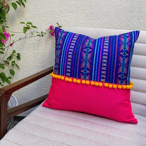 Mexican Azul rey (Royal blue) and pink cushion with colorful Mexican cambaya fabric