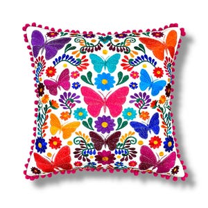 Mexican Pillow cover with embroidered butterflies spring Mexican embroidered cushion perfect for decorating Mexican style spaces and boho