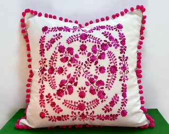 Mexican Embroidered Pillow Cover Handmade Boho Decoration Style Pink Flower Cushion Traditional Folk Art Textile Natural Cotton Bedroom