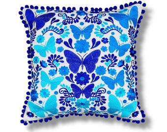 Mexican Pillow cover with embroidered butterflies spring Mexican embroidered cushion perfect for decorating Mexican style spaces